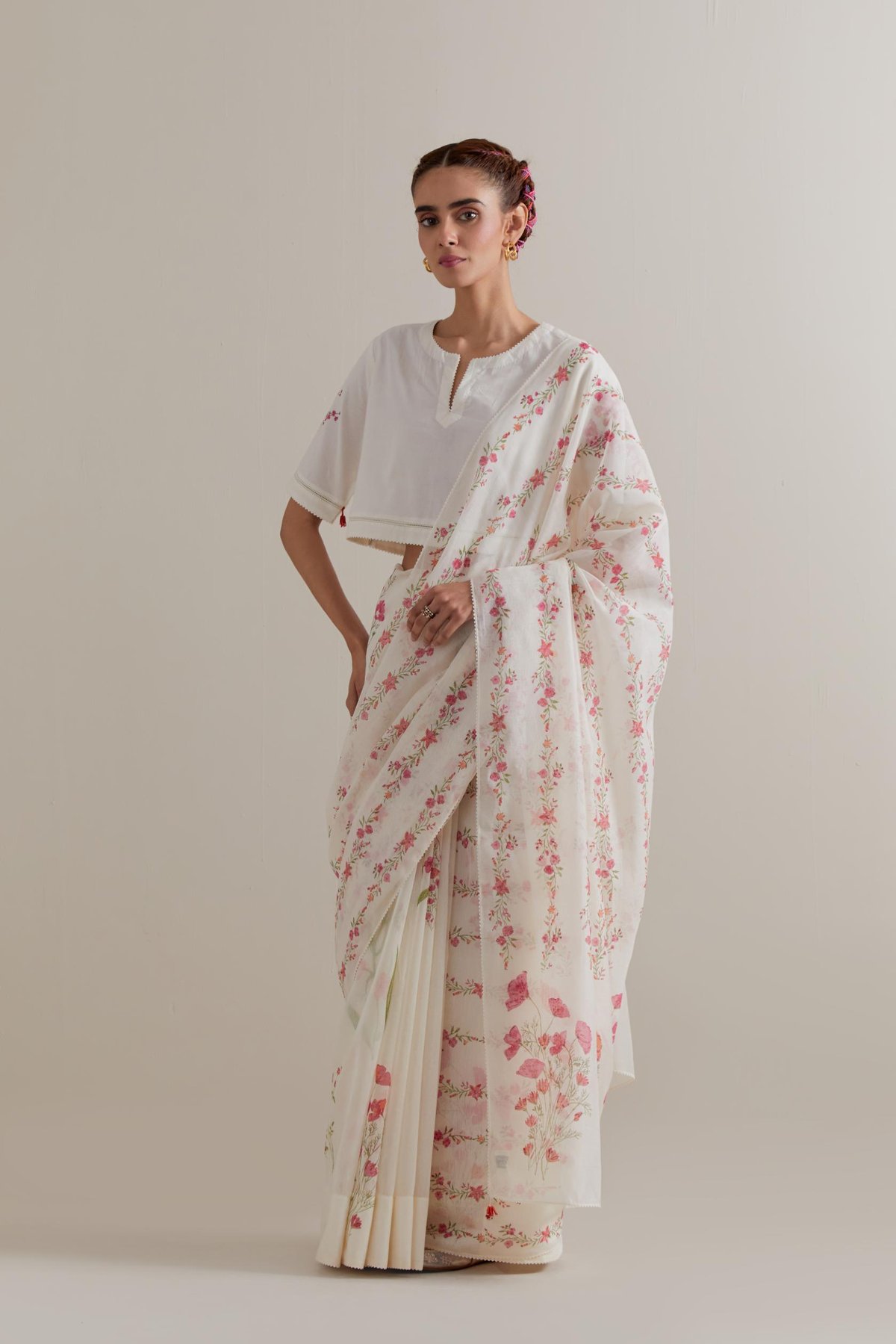 Off-White Floral Block Print Cotton Chanderi Saree