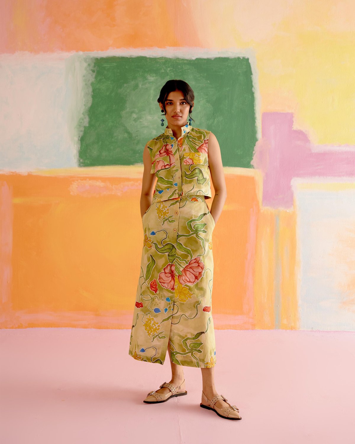 Multicolor Floral Cotton Poplin Co-ord Set with Midi Skirt