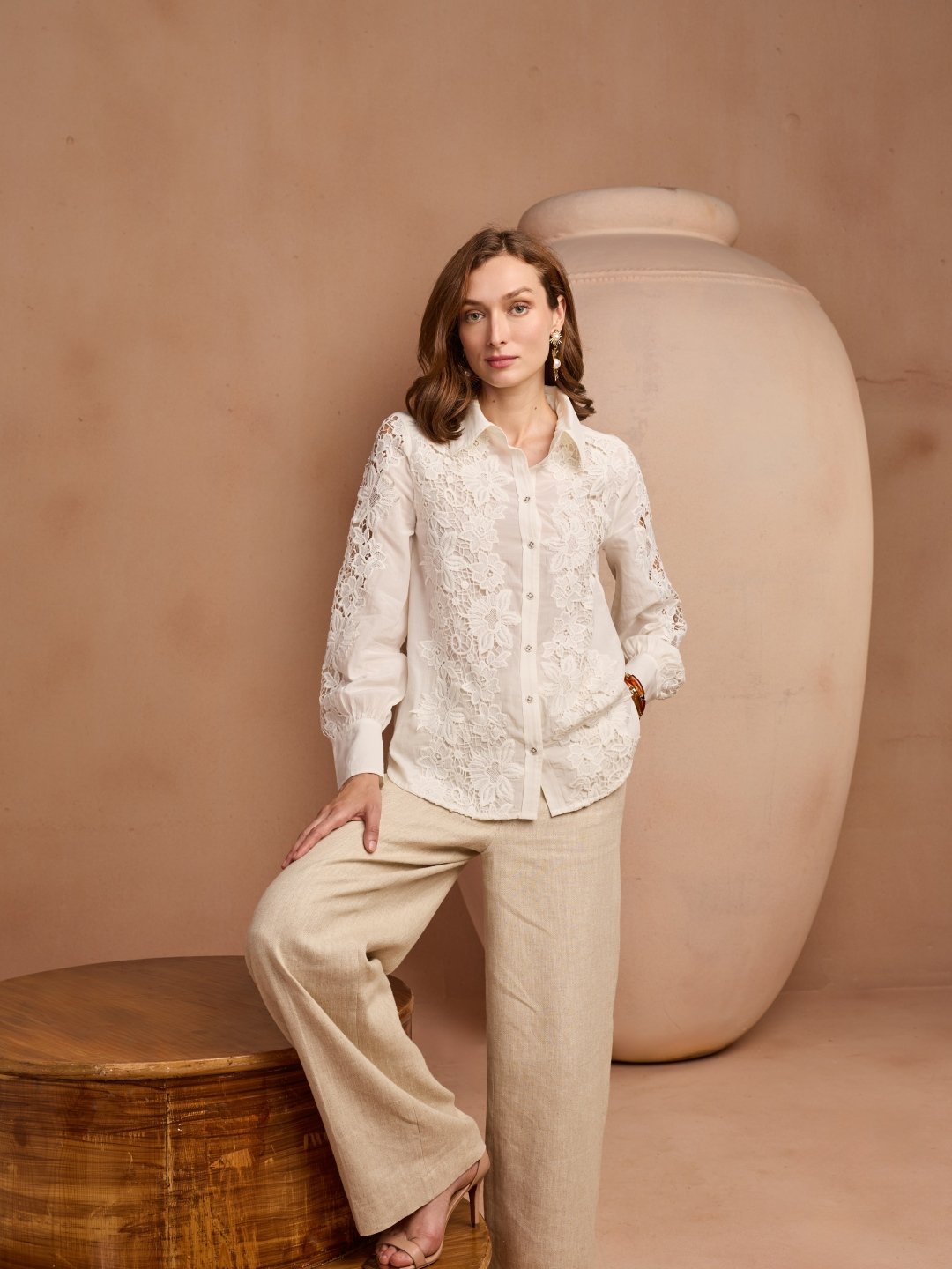 White Floral Lace Button-Down Shirt
