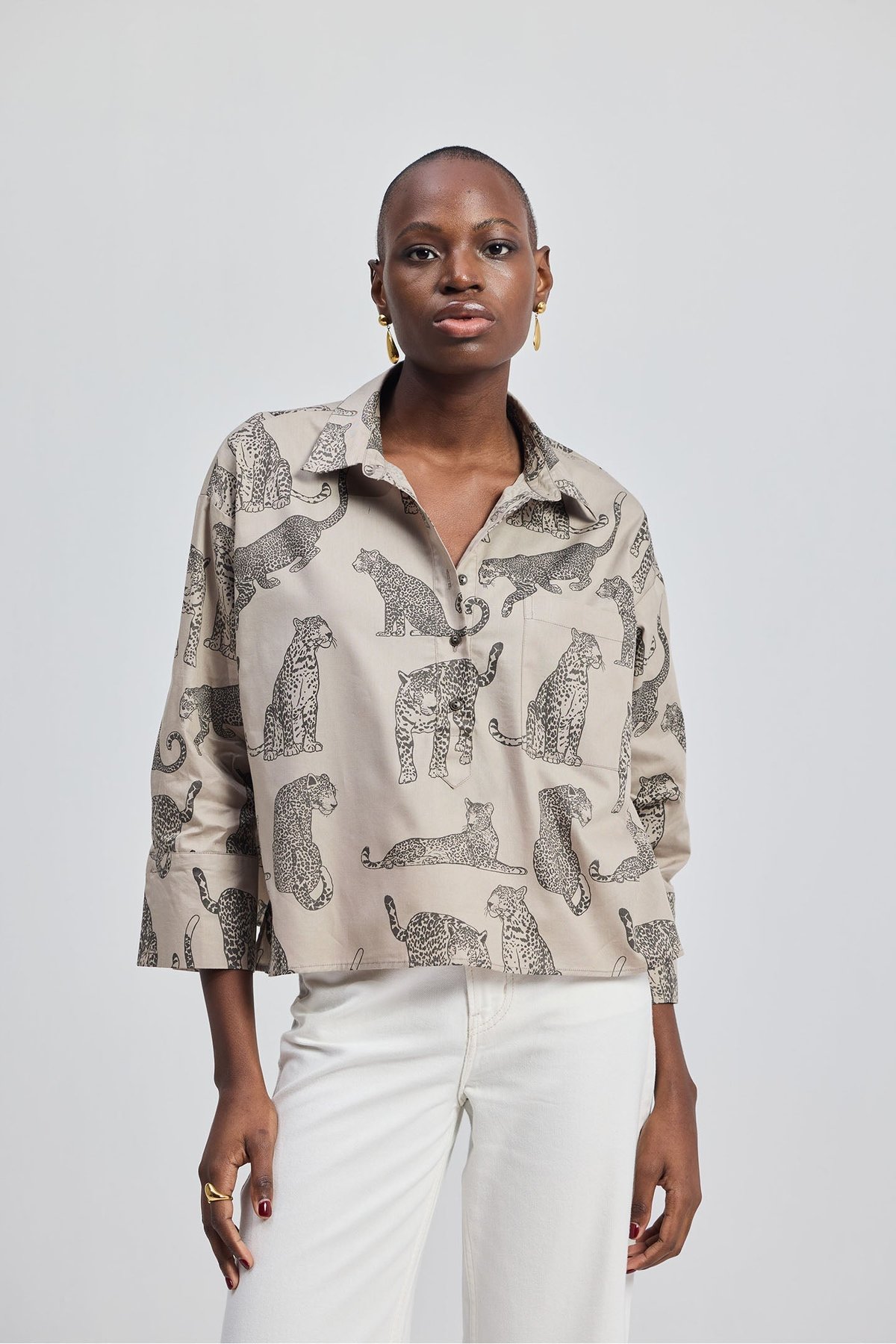 Oversized Cropped Front-Buttoned Shirt In Animal Print