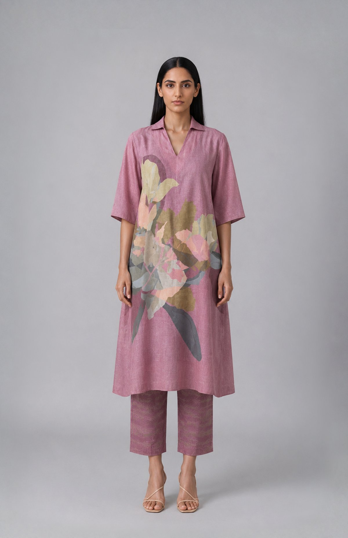 Almond Pink Printed Korean Linen Kurta Set with Pants