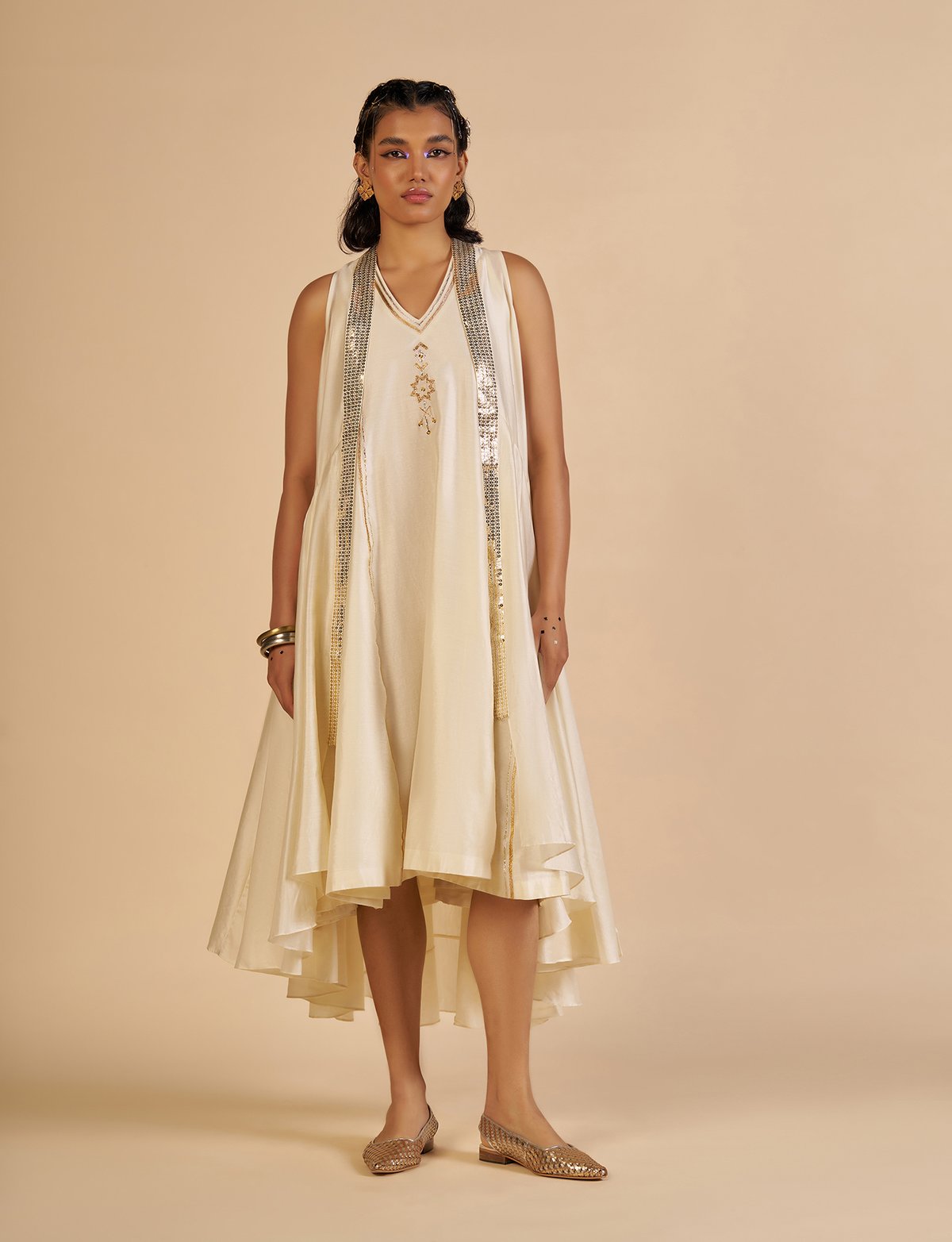 Off White Silk Chanderi Sequin-Trim Overlay Cape