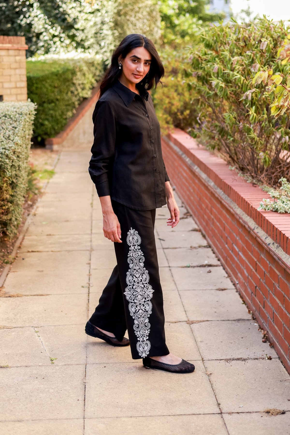 Black Linen Cotton Shirt and Wide-Leg Pants Co-ord Set