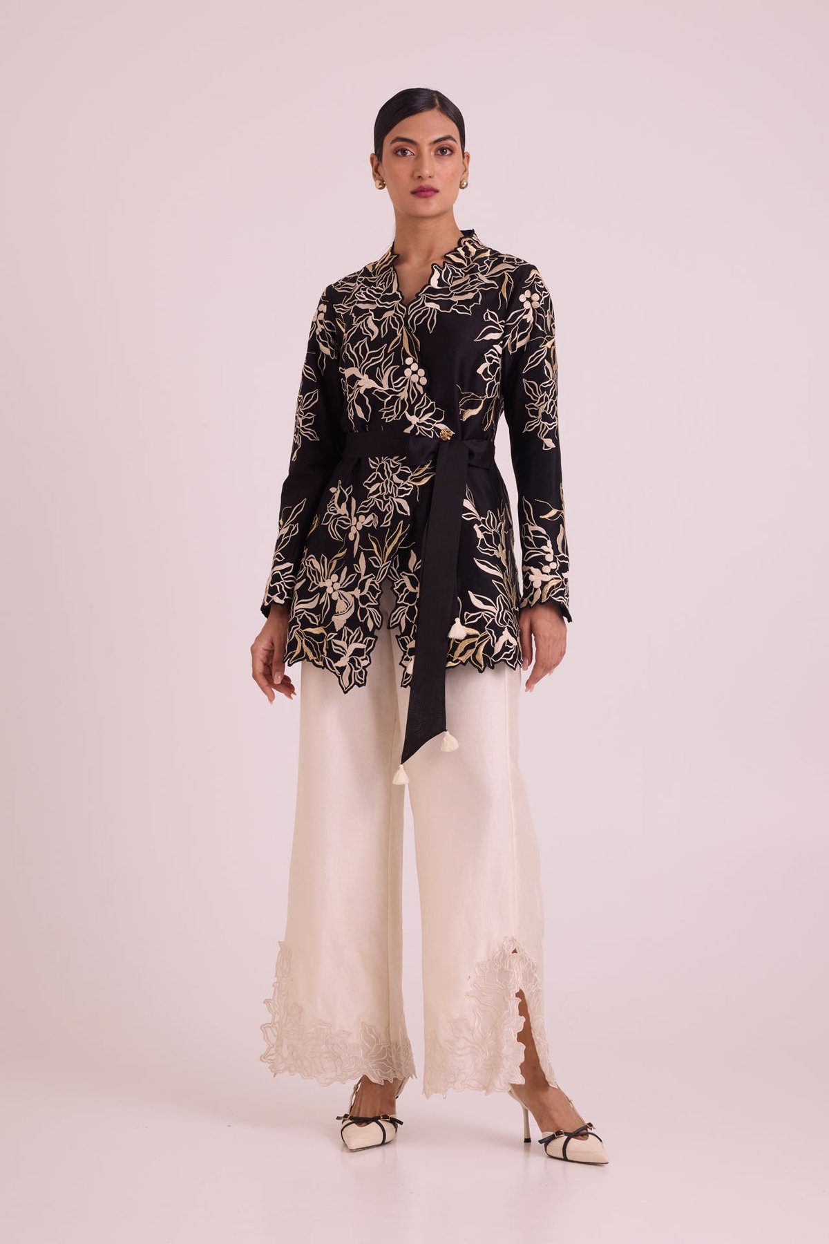 Black Wrap Blazer and Ivory Wide-Leg Pants Co-ord Set