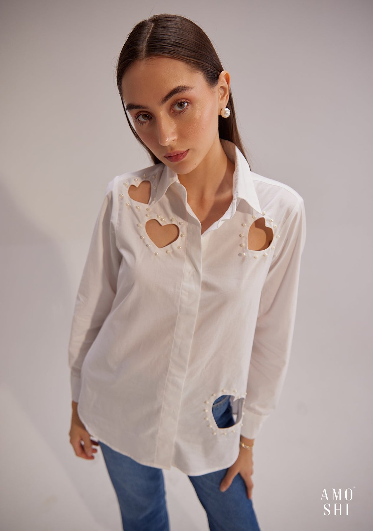 White Cotton Relaxed-Fit Shirt with Heart Cut-Outs