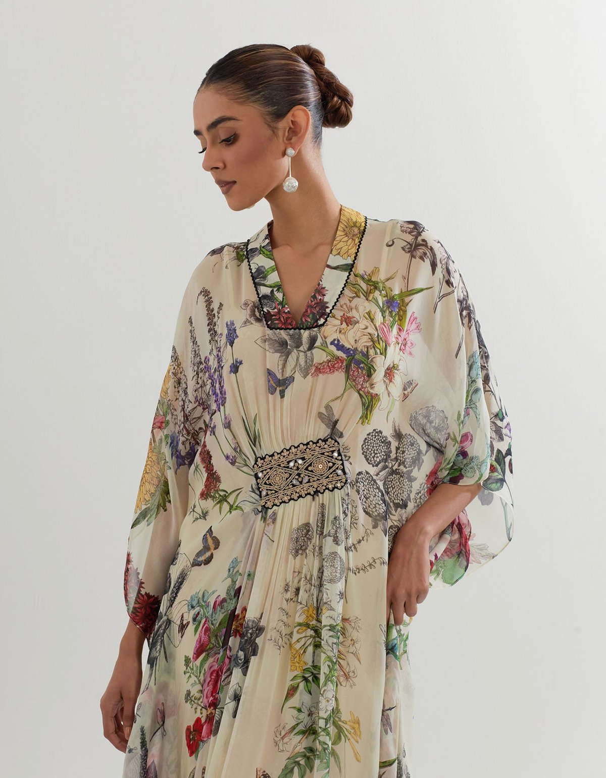 Ivory Botanical Printed Georgette Kaftan