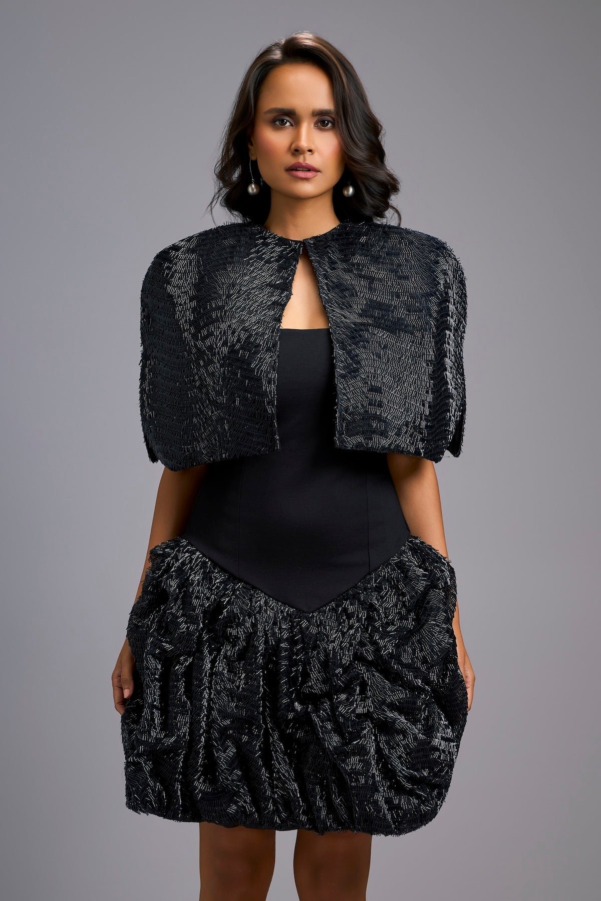 Strapless Black Dress with Shimmer Skirt & Cape