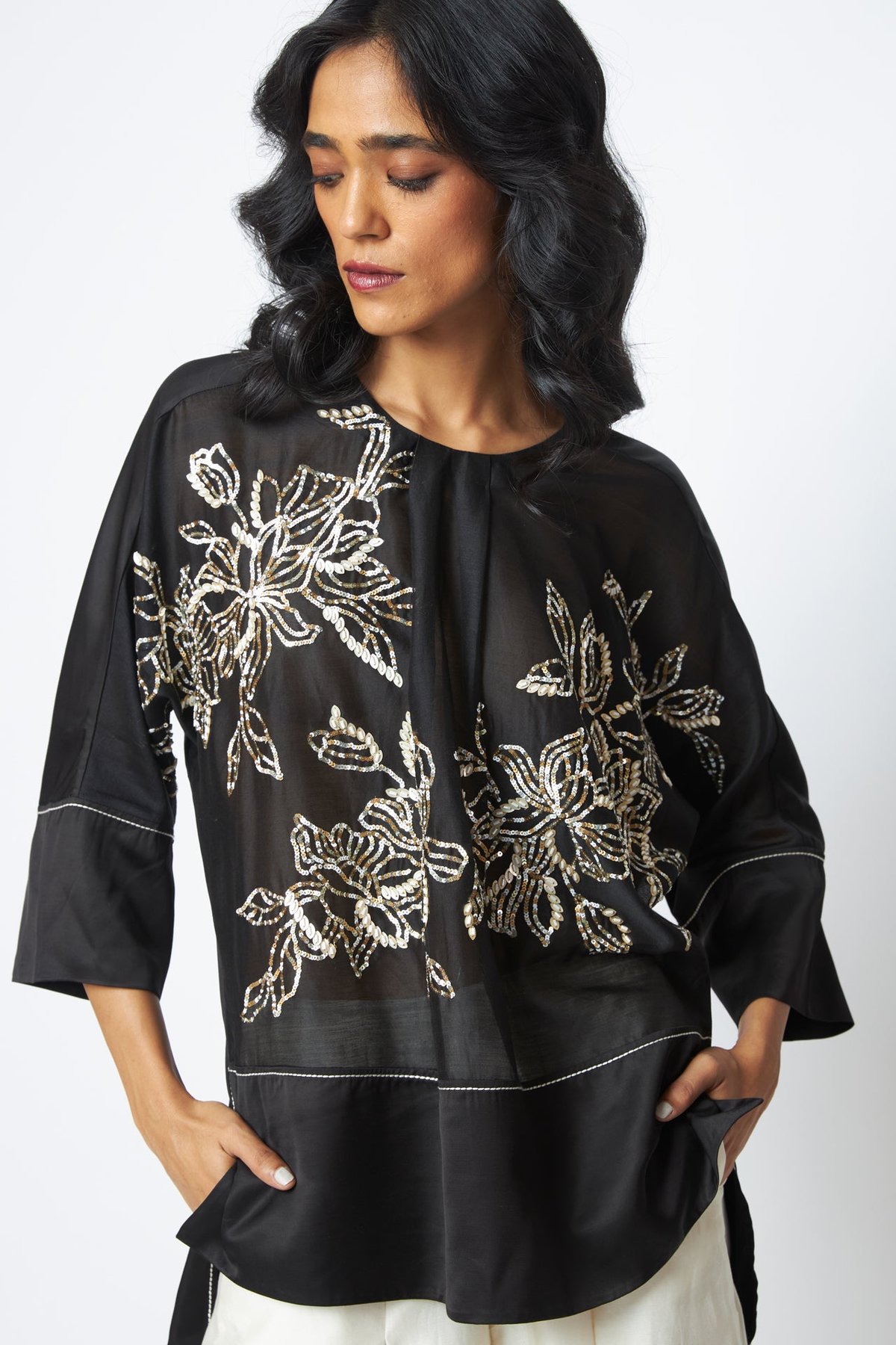 Black Sheer Floral Embellished Round Neck Top