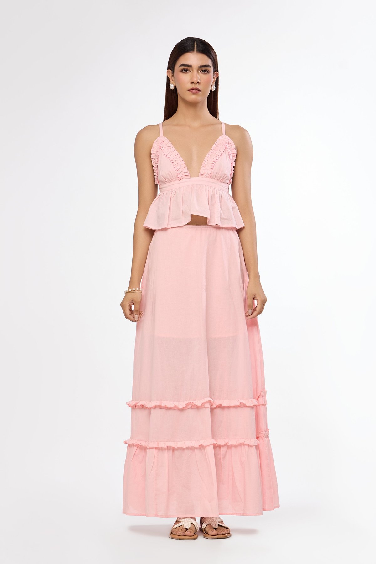 Soft Pink Ruffle Bralette and Tiered Maxi Skirt Co-ord Set