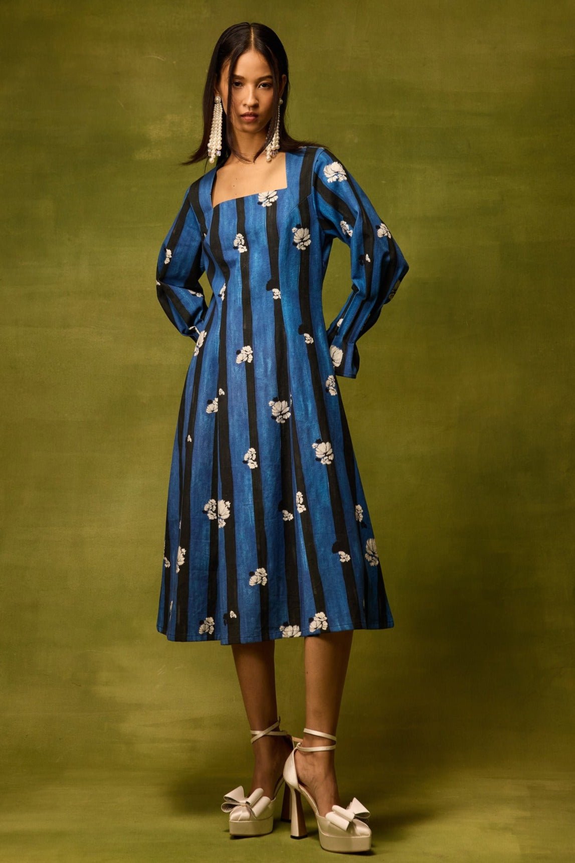 Blue Striped Floral Fit and Flare Midi Dress