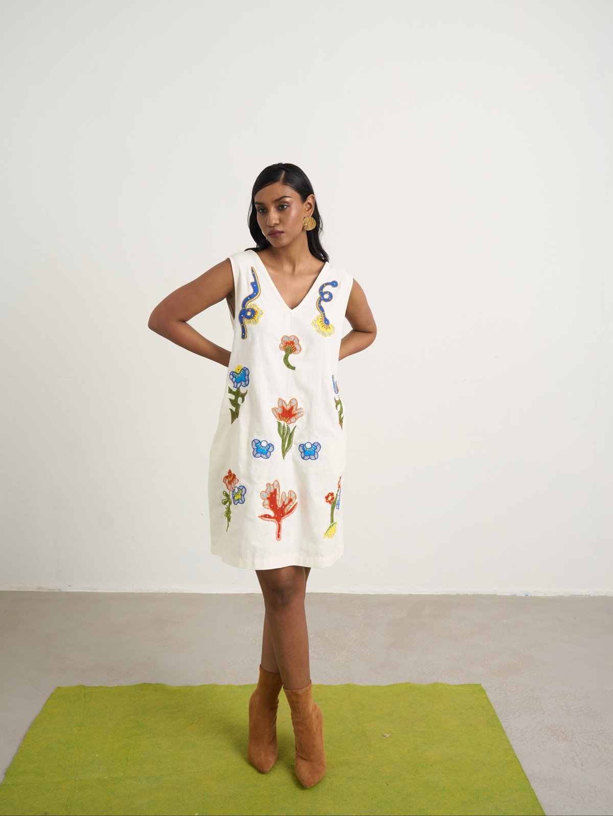 Off White Canvas Shift Dress with Multicolour Patchwork Motifs