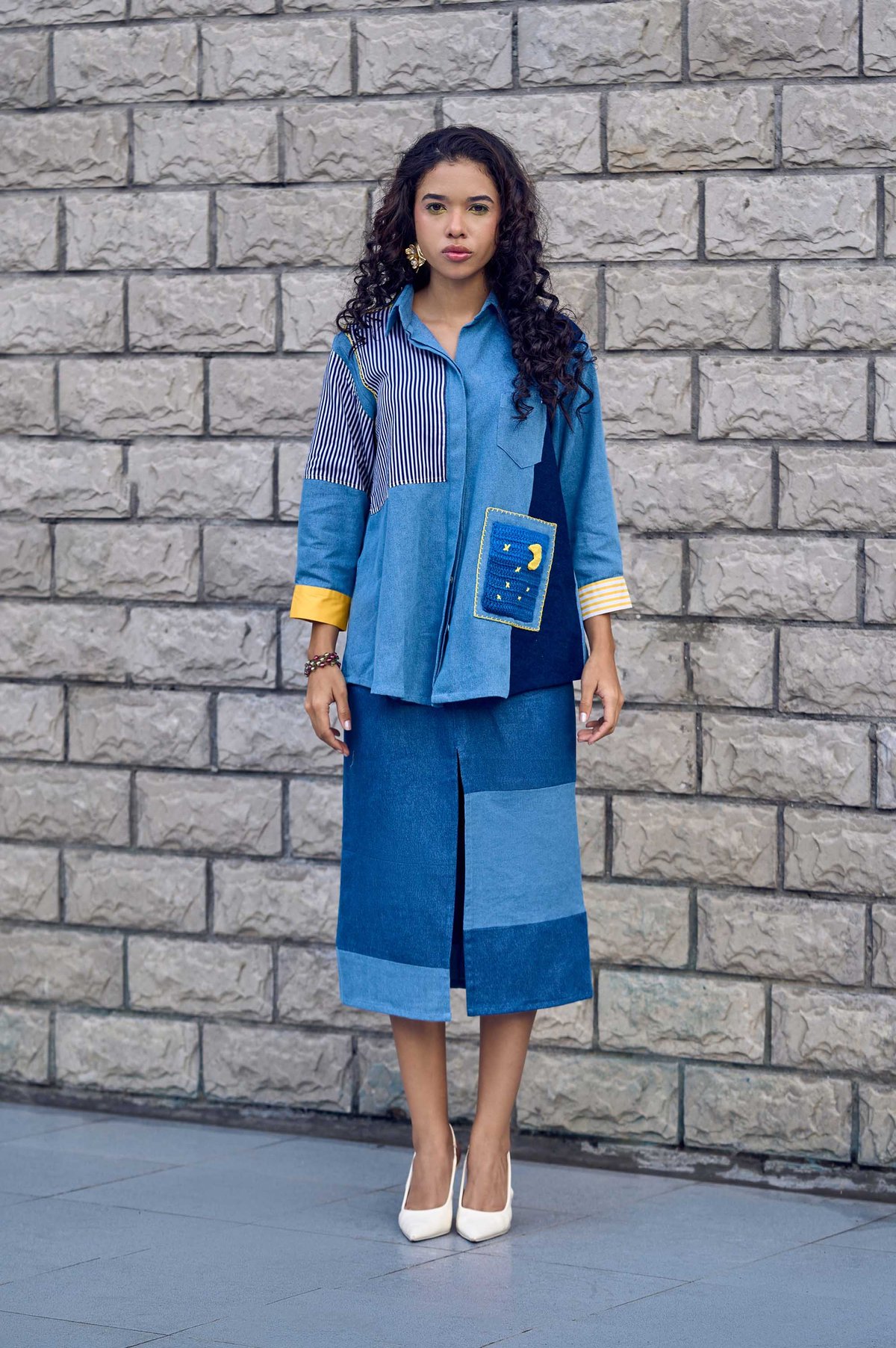 Blue Denim Colorblock Shirt with Crochet Pocket
