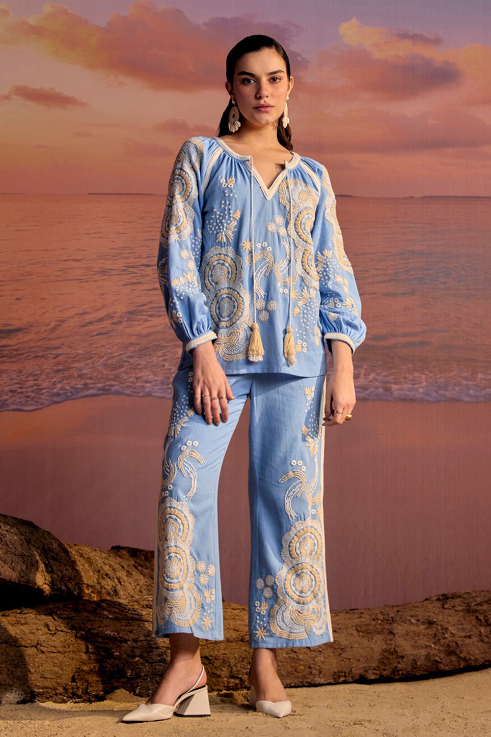 Blue Cotton Linen Embroidered Co-ord Set with Wide-Leg Pants