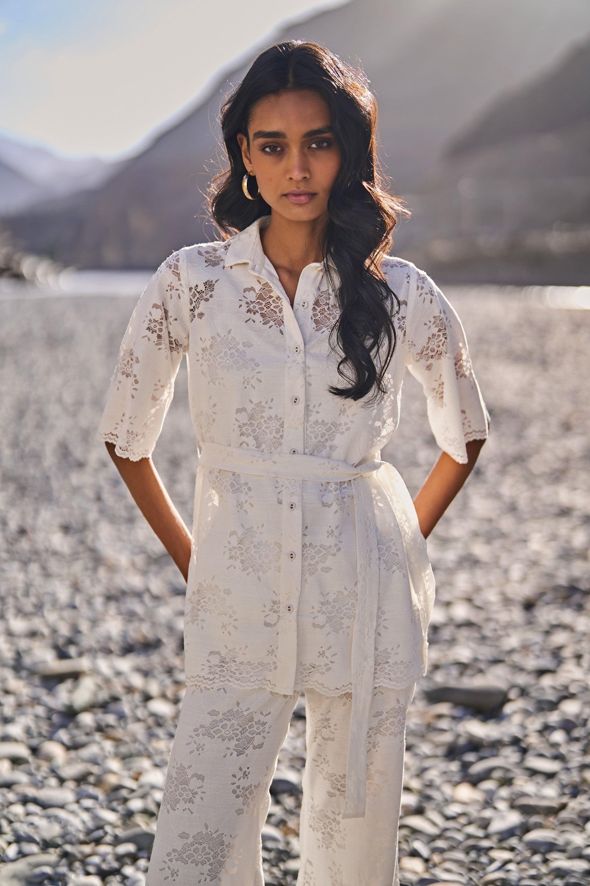 White Floral Lace Button-Down Shirt with Waist Tie