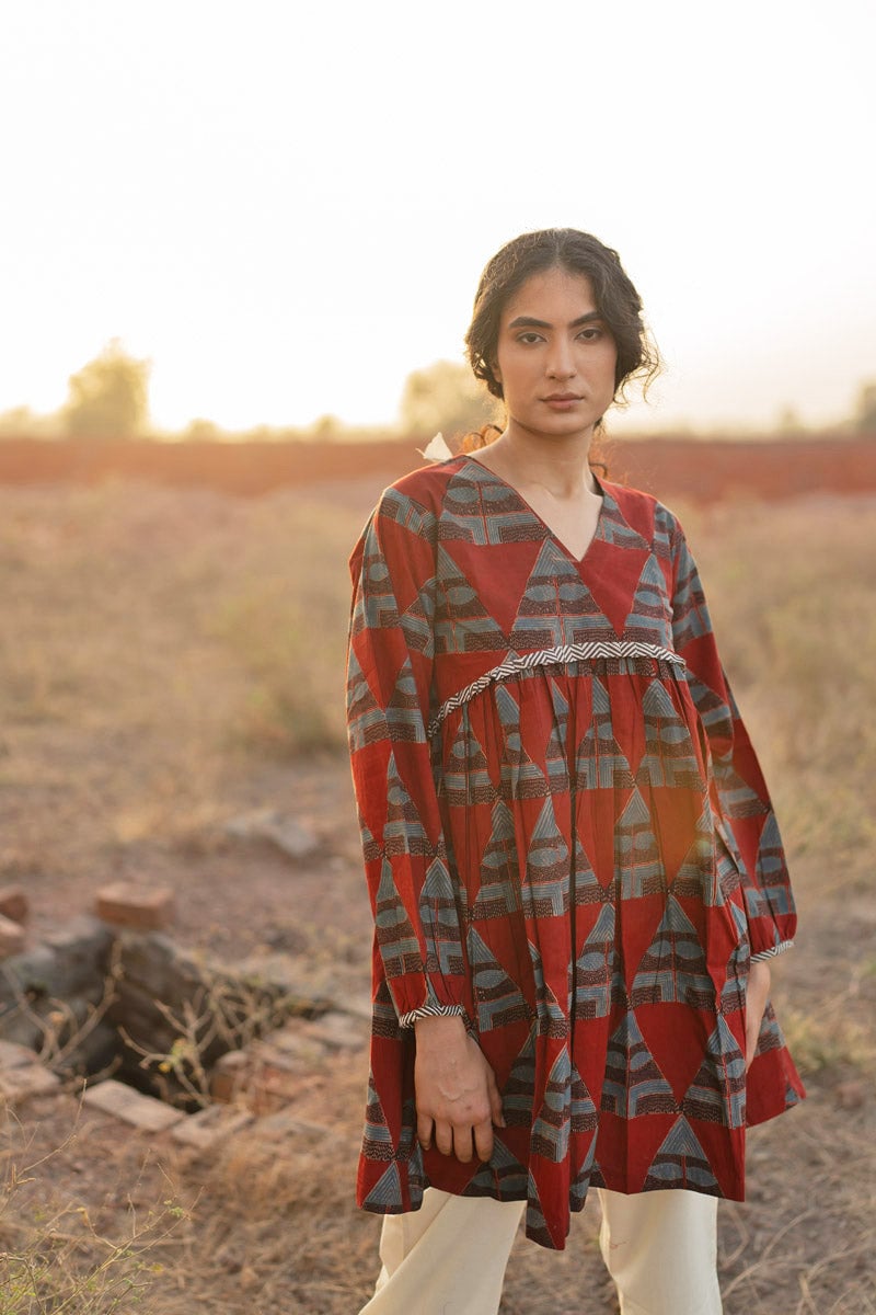 Red Cotton Block Print V-Neck Flowy Tunic Top