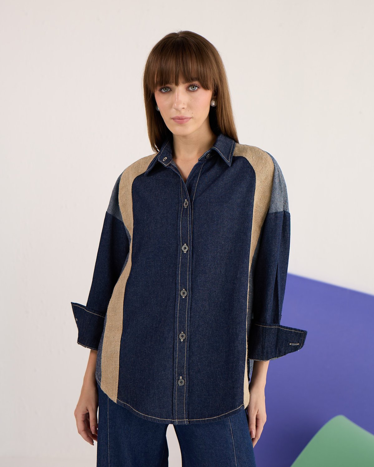 Blue Colorblocked Denim and Jute Relaxed-Fit Shirt