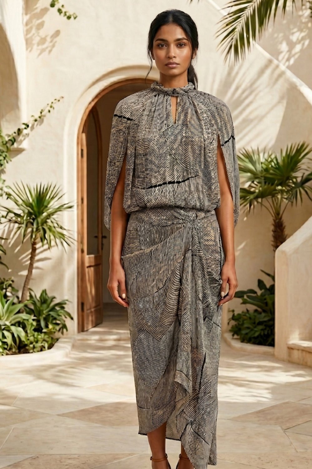 Black Abstract Draped Blouse and Wrap Midi Skirt Co-ord Set