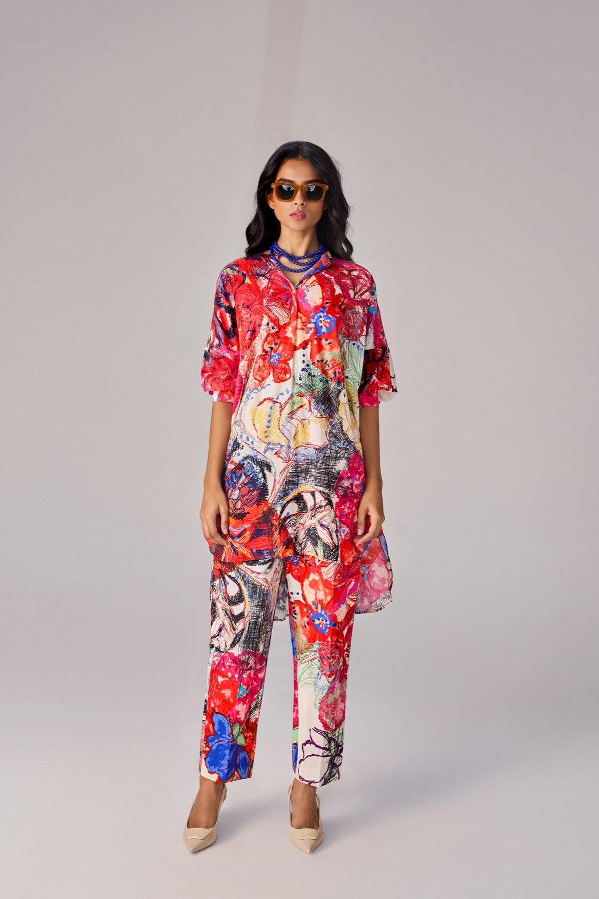 Multi Abstract Floral Tunic and Trousers Co-ord Set