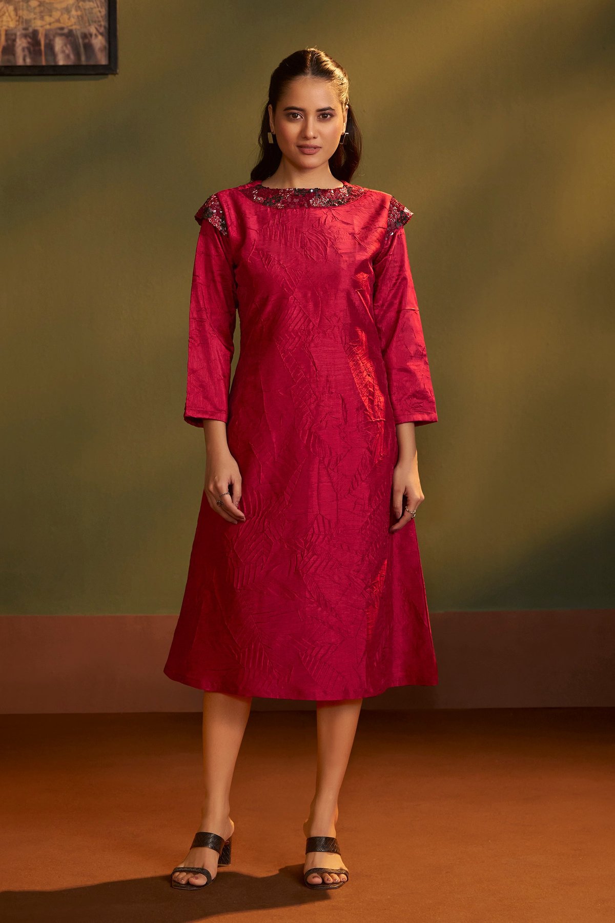 Red A-Line Midi Dress with Sequin Neck Detail