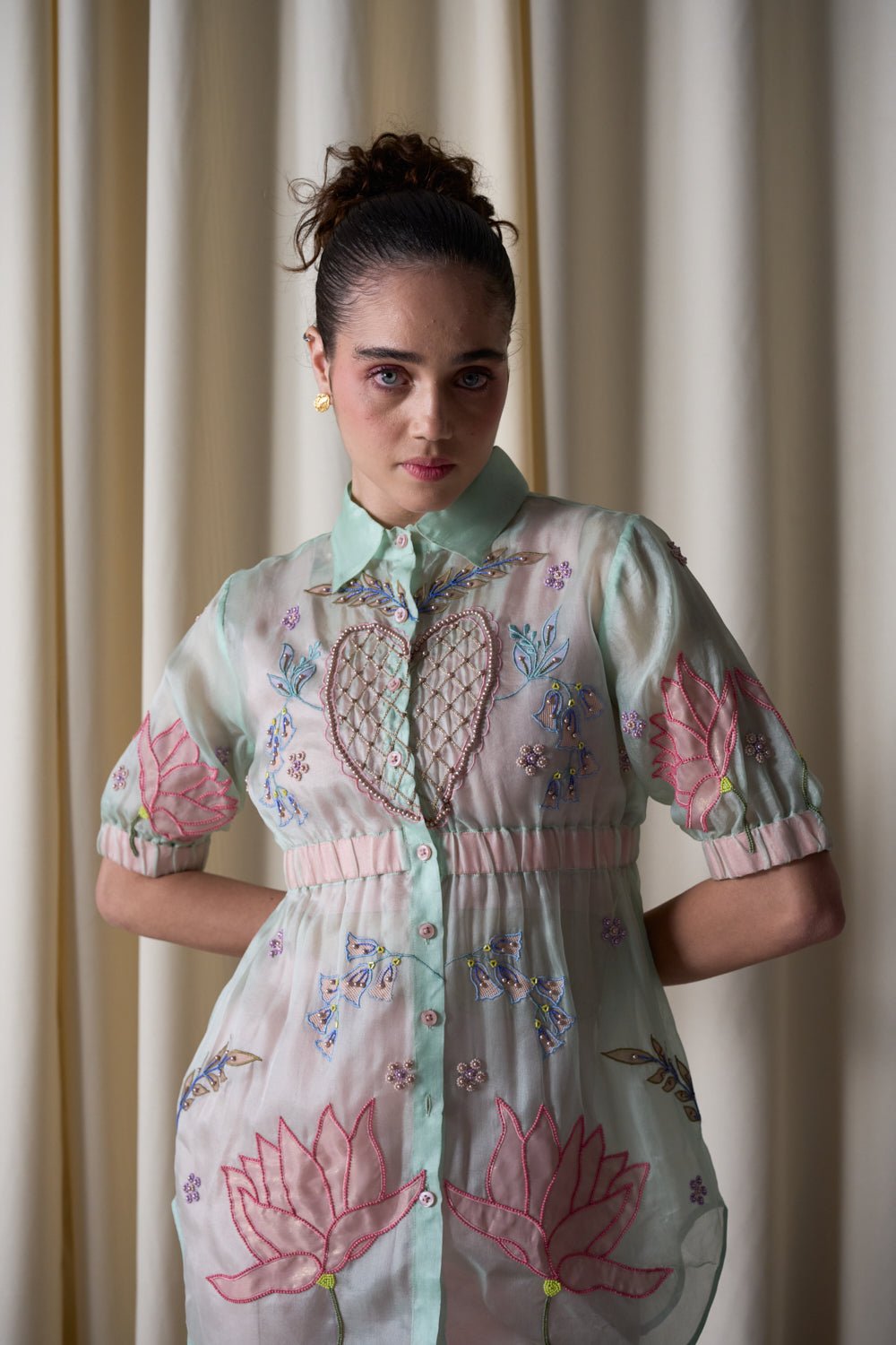 Mint Green Translucent Organza Embroidered Button-Down Top