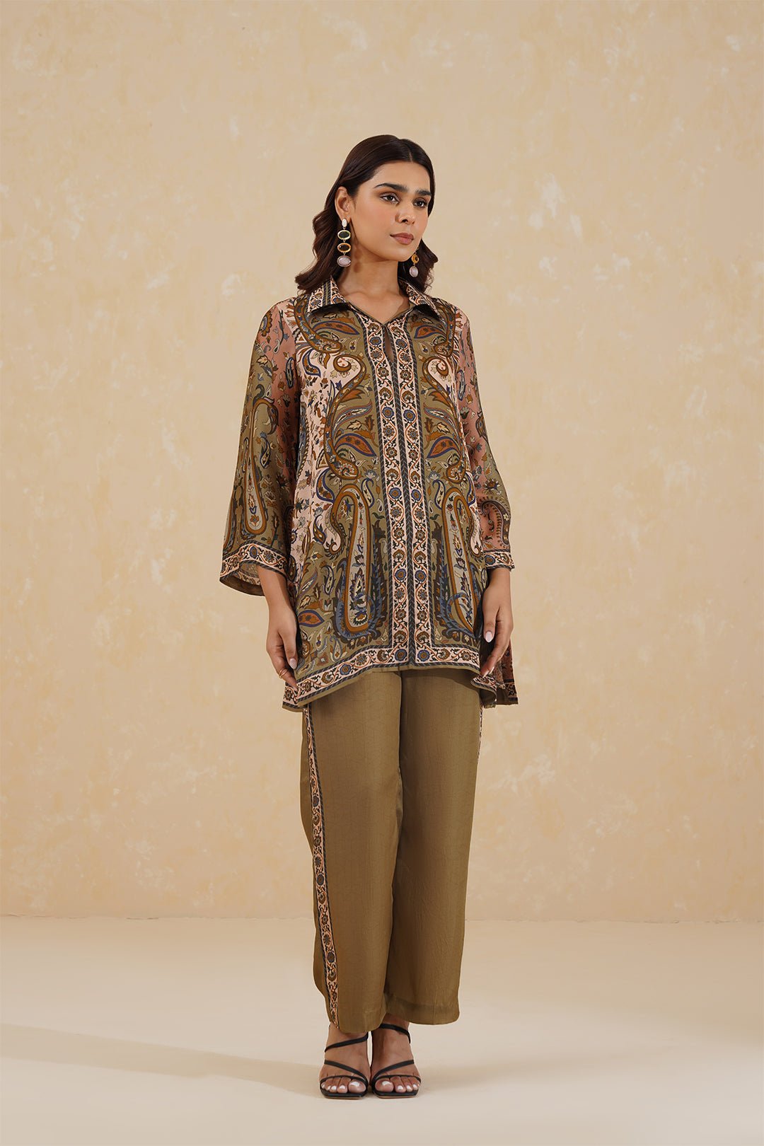 Olive Paisley Printed Co-ord Set with Collared Tunic Top