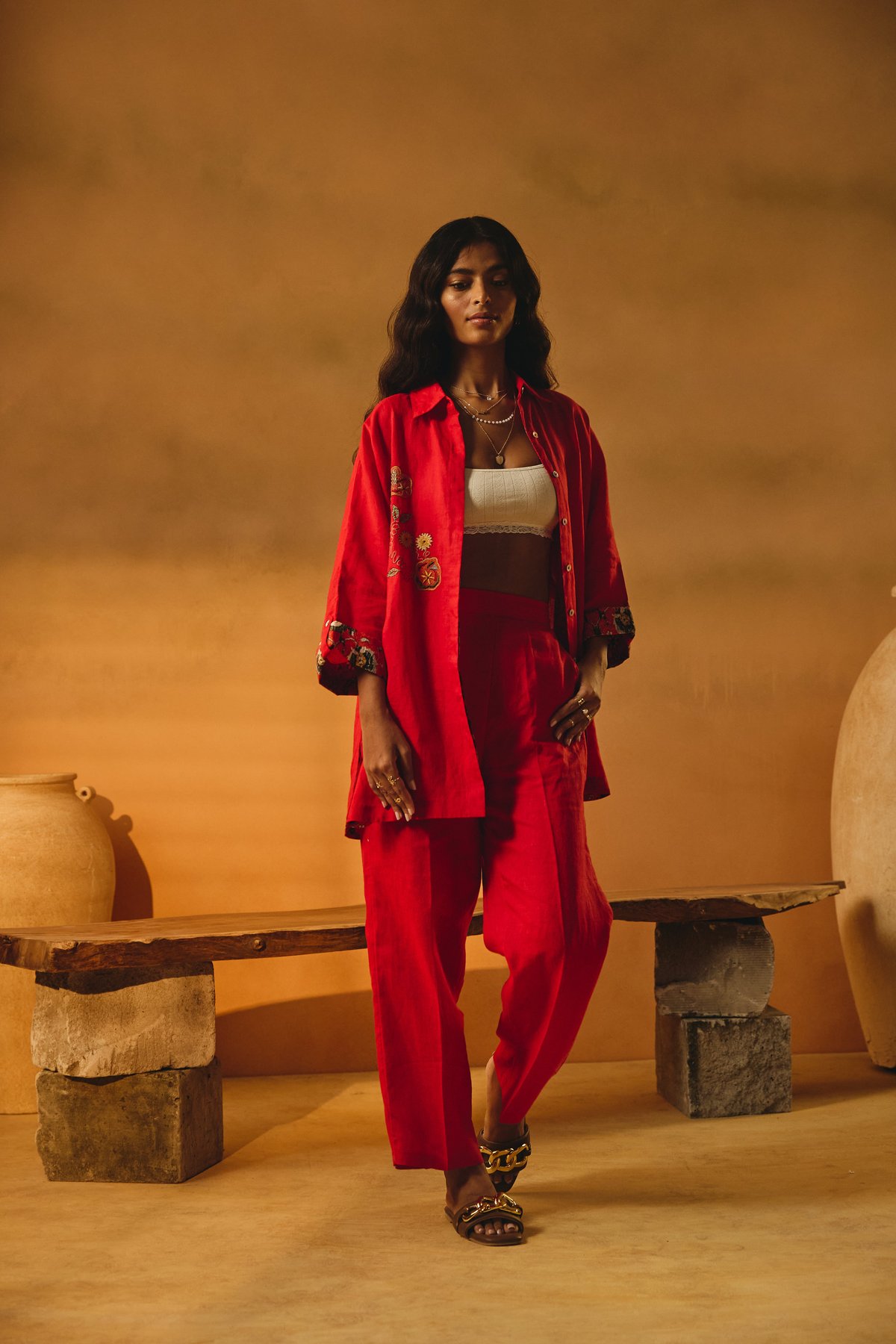 Red Linen Wide-Leg Relaxed Fit Trousers