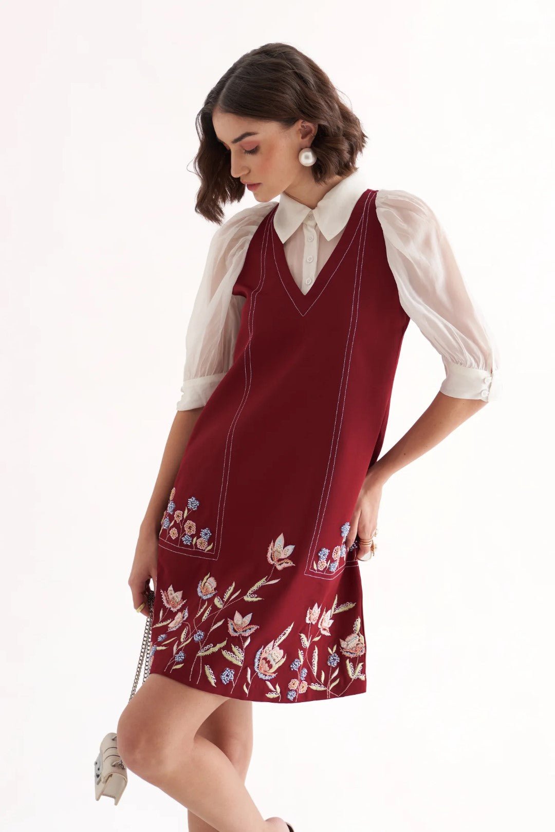 Plum A-Line Mini Dress with Sheer Sleeves and Embroidery