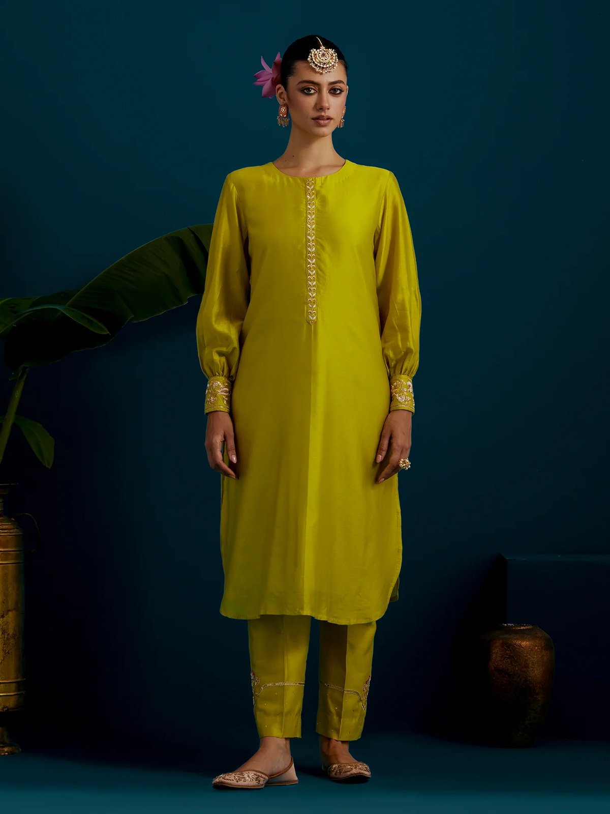 Lime Green Silk Chanderi Straight Kurta with Back Motif