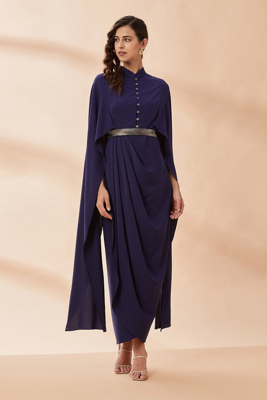 Navy Blue Maxi Drape Dress with Cape Sleeves and Belt