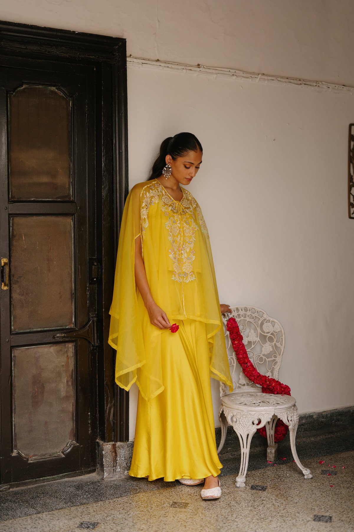 Yellow Organza Embroidered Cape and Sharara Co-ord Set