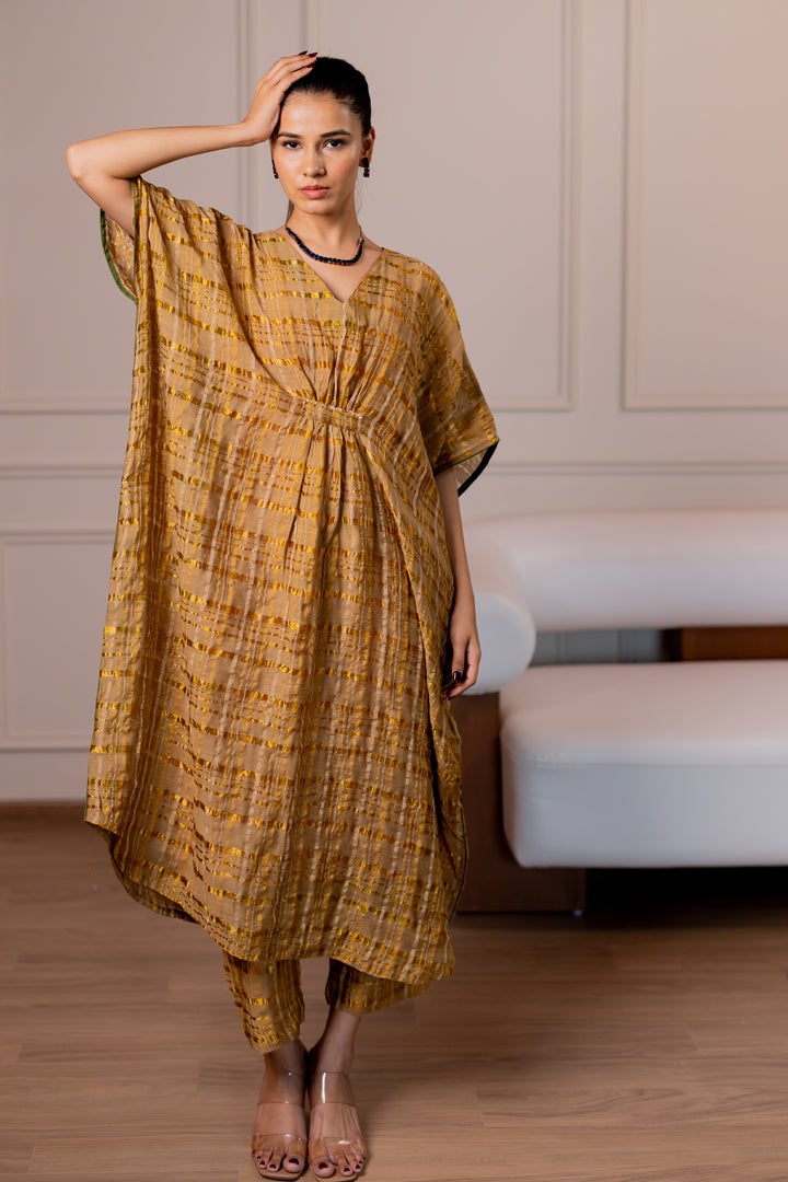 Yellow Printed Chanderi Silk V-Neck Kaftan Set
