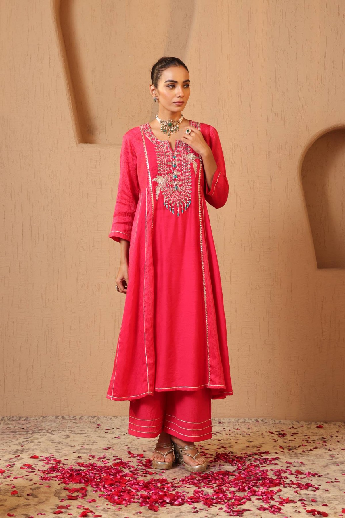 Fuchsia Pink Anarkali Kurta Set with Flared Pants