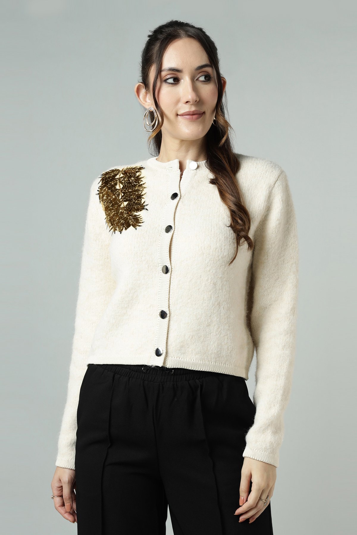 Off-White Cropped Knit Cardigan with Sequin Shoulder Detail