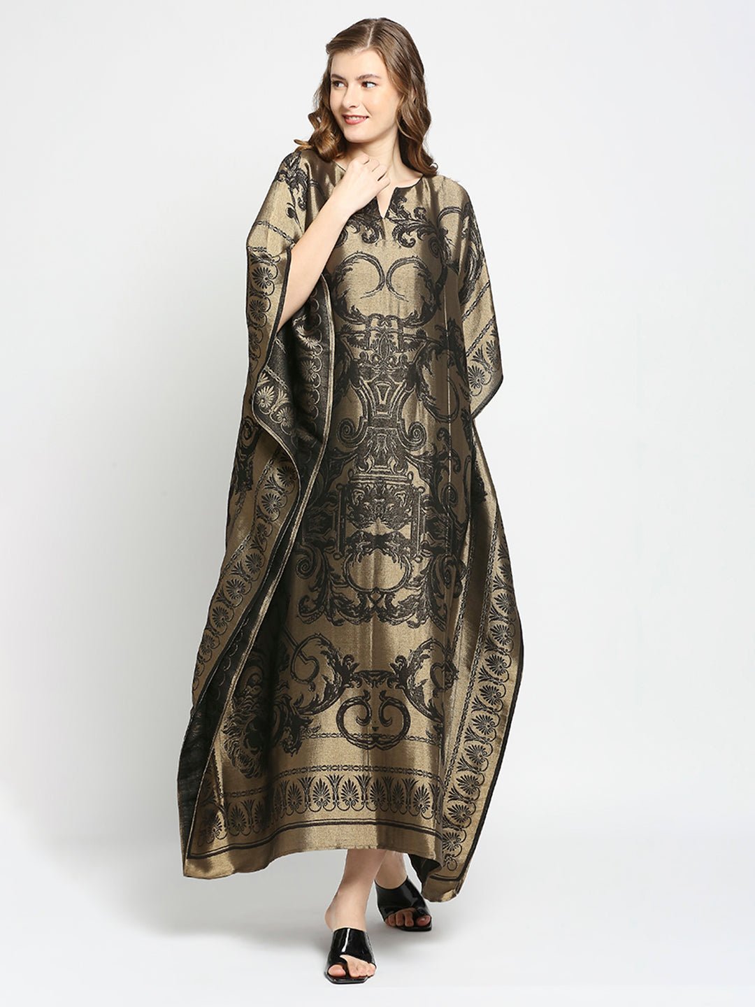 Black and Gold Metallic Brocade Motif Long Kaftan