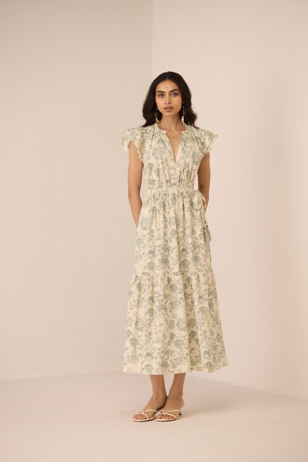 Cotton Linen Floral Tiered Midi Dress in Wildflower Sage