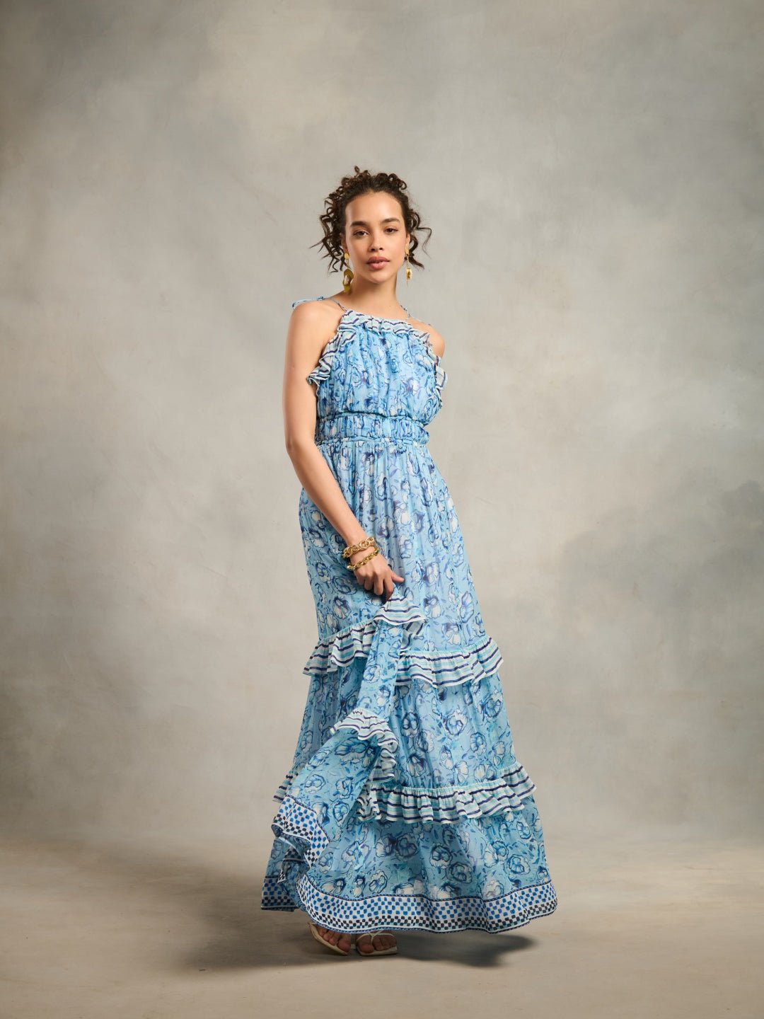Blue Printed Halter Tiered Maxi Dress
