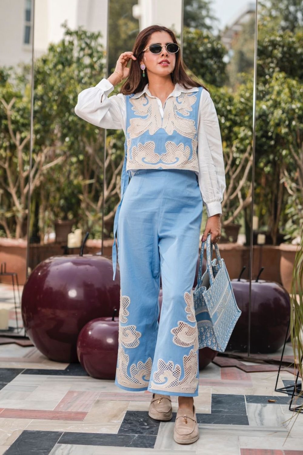 Blue Cutwork Embroidered 3-Piece Co-ord Set