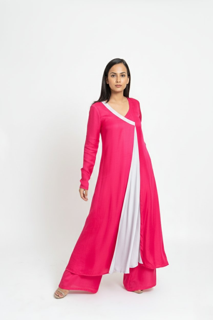 Fuchsia and Grey Colorblocked Kurta Set with Wide-Leg Pants