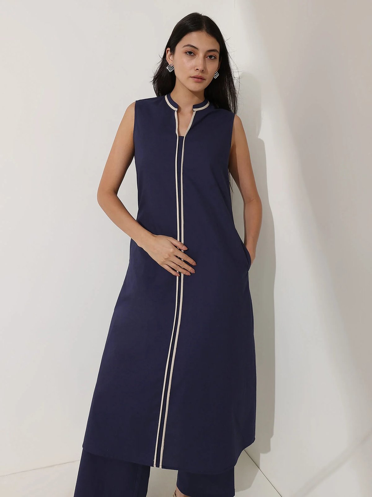 Cotton Colourblock A-Line Kurta - Navy Blue