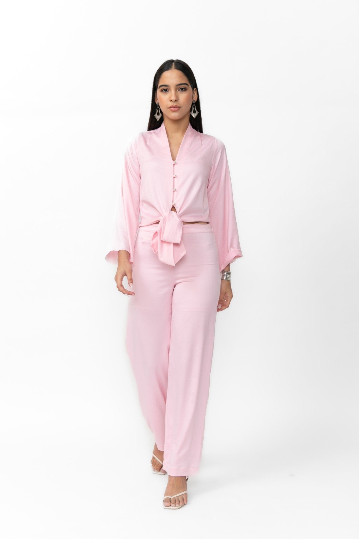 Pink V-Neck Knot-Front Button-Down Top