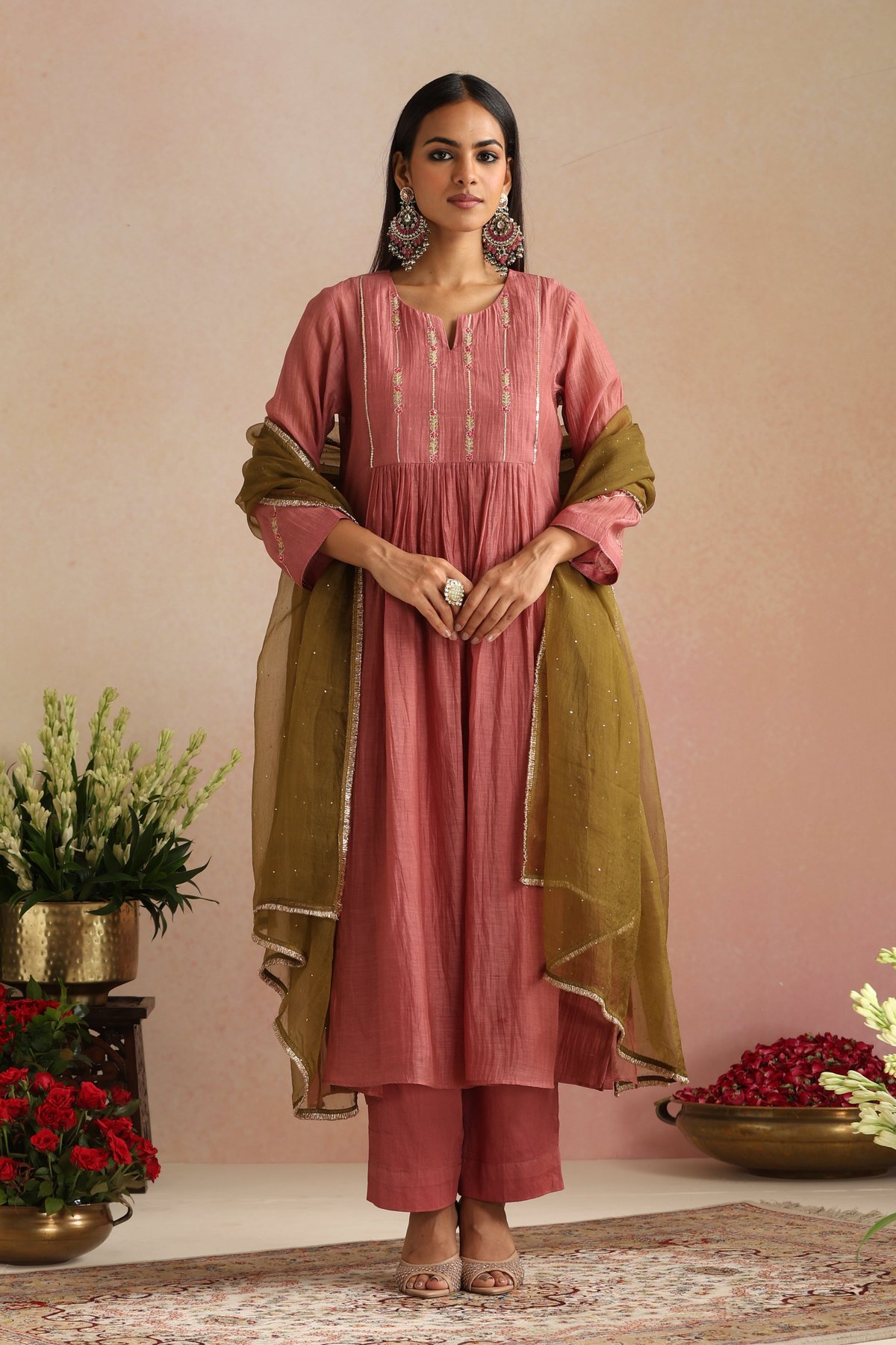 Coral Rose Silk Chanderi Embroidered Kurta Set