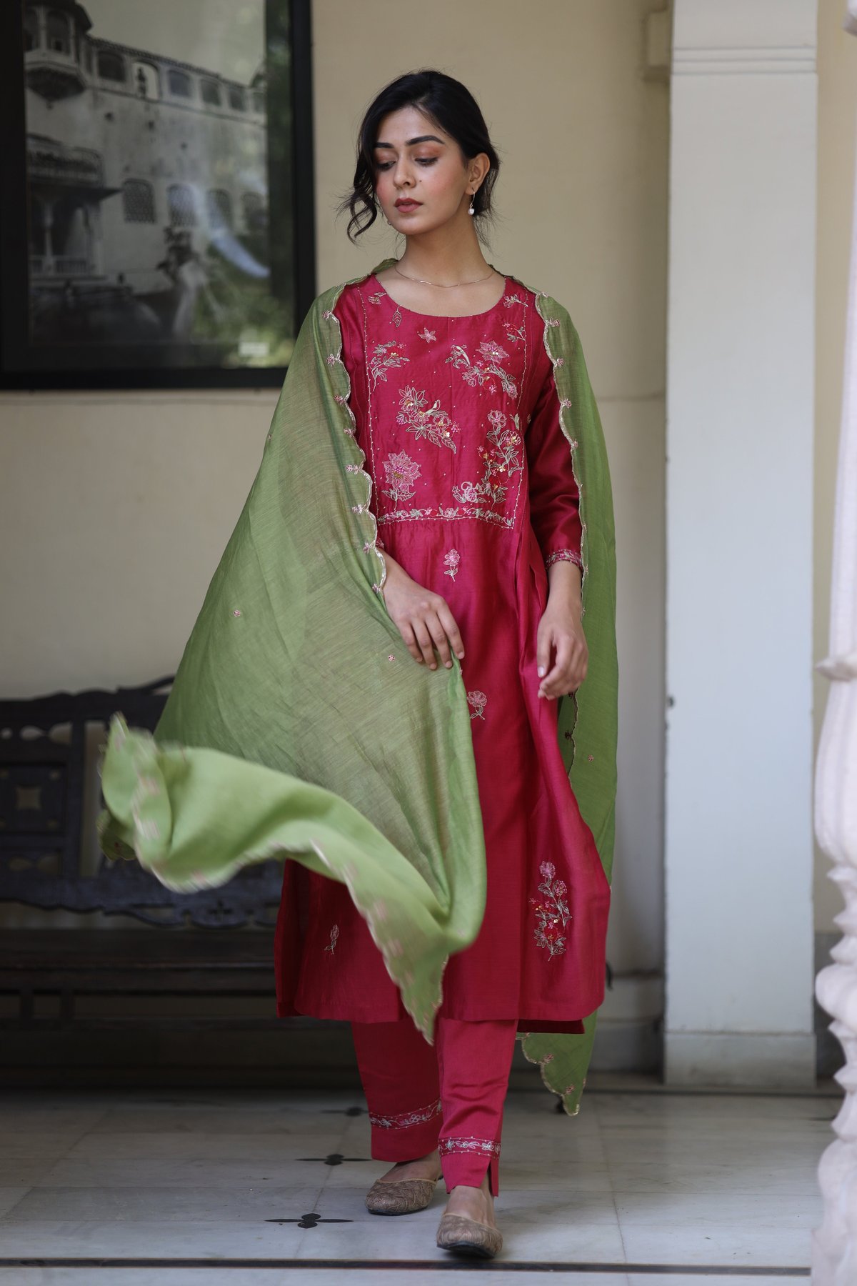 Magenta Pink Chanderi Embroidered Kurta Set