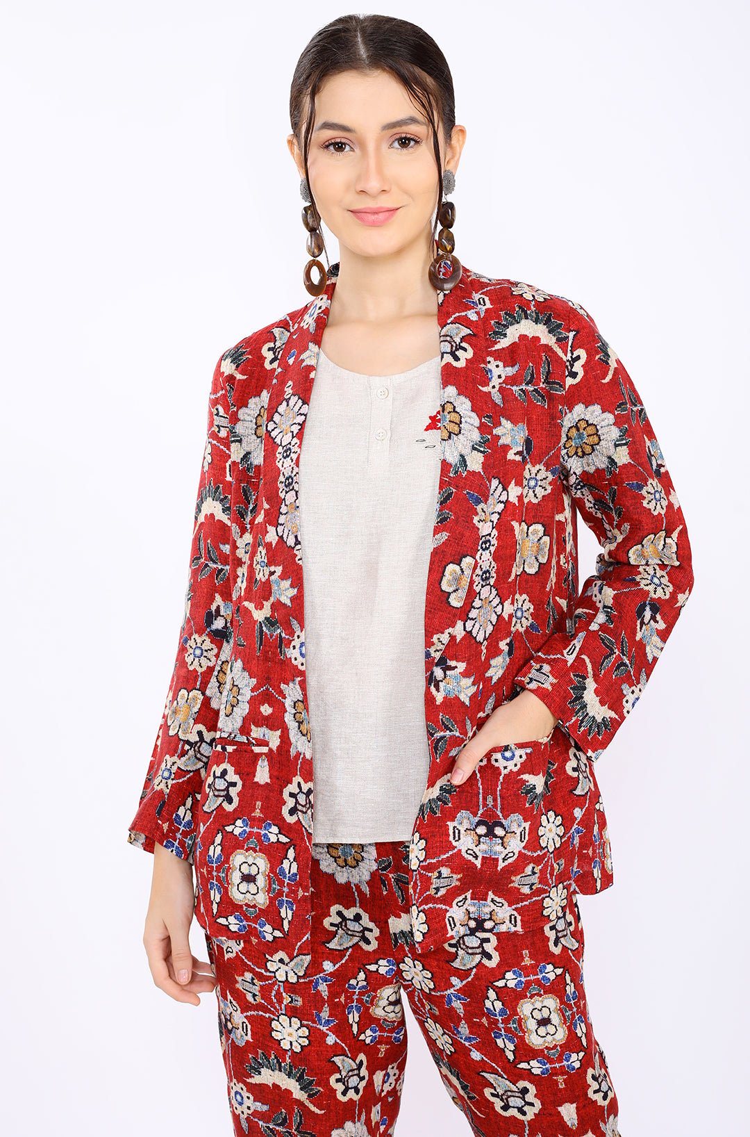 Red Floral Print Linen Blazer with Lapel Collar