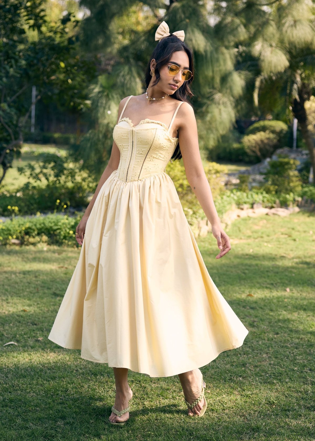 Yellow Schiffli Corset Midi Dress with Lace-Up Back