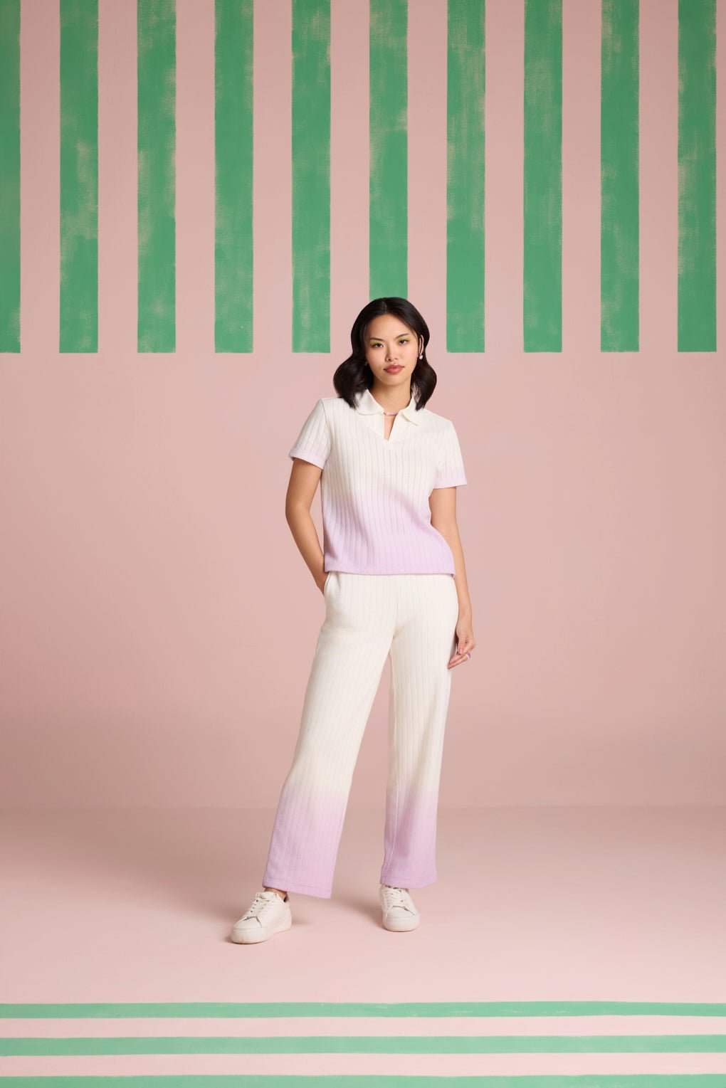 Lilac Ombre Knitted Crochet Co-ord Set with Wide-Leg Pants
