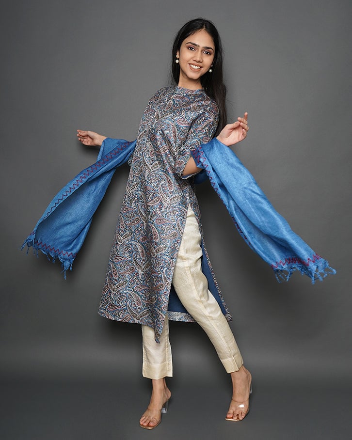 Sapphire Blue Handblock Print Tussar Silk Kurta