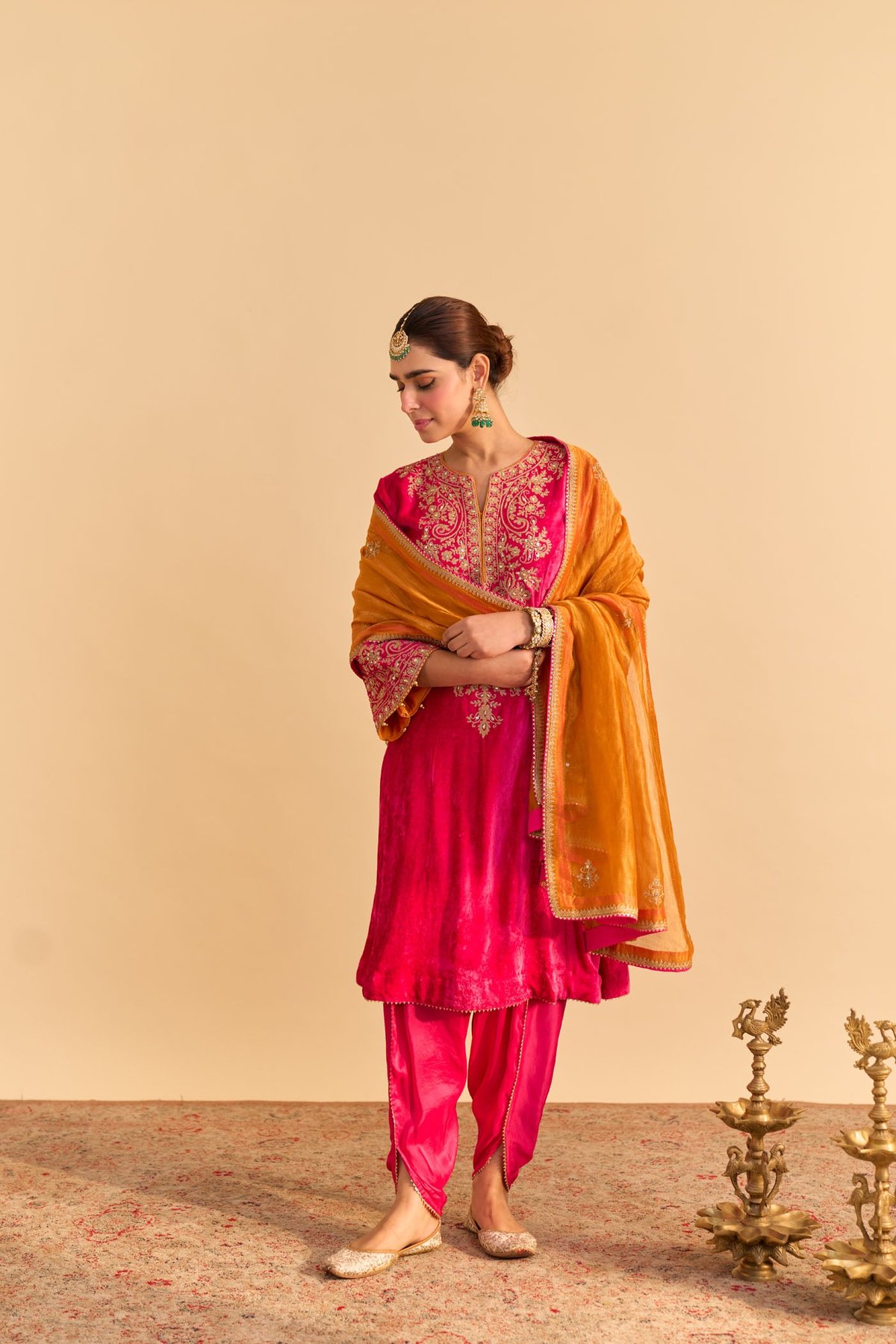 Hotpink Silk Velvet A-Line Kurta Set with Dhoti