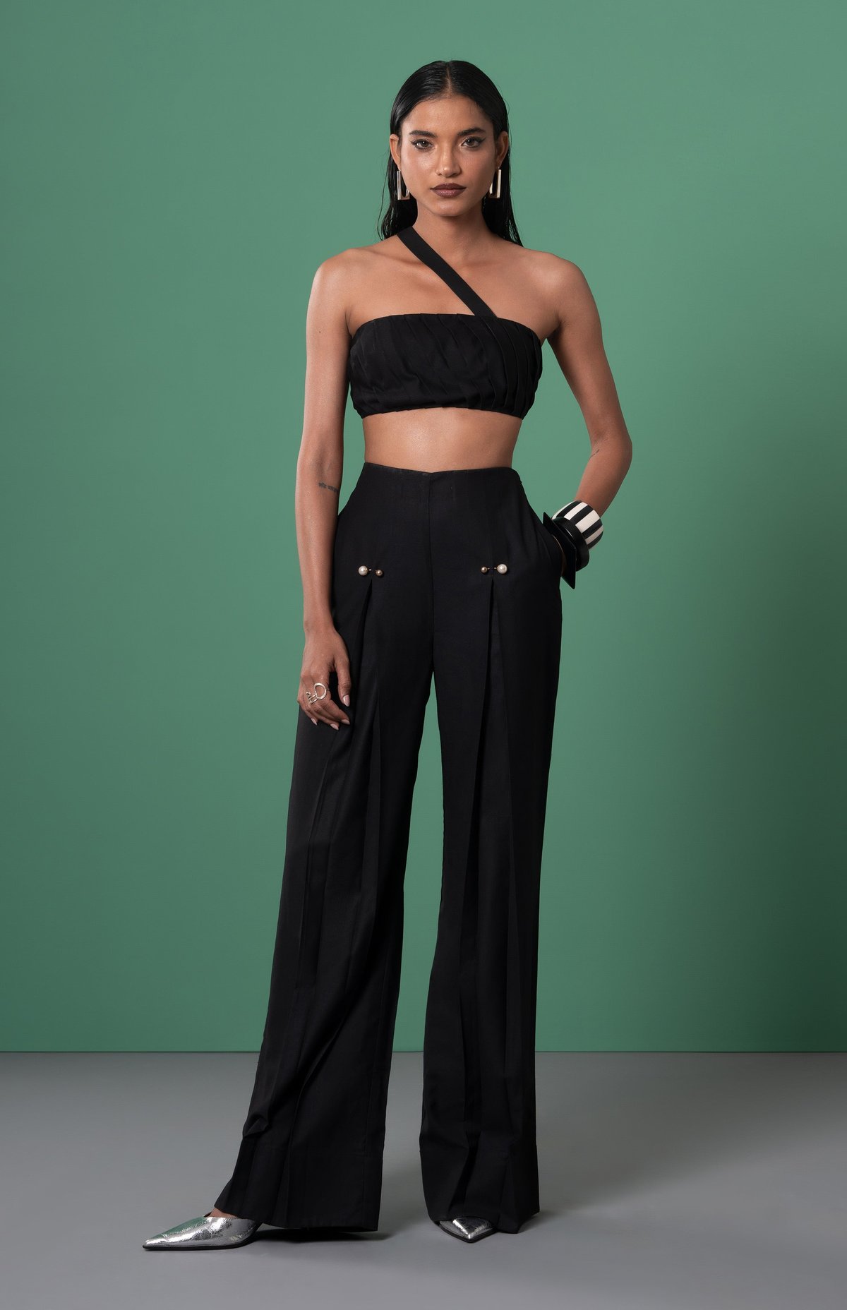 Black One-Shoulder Pleated Bralette and Wide-Leg Co-ord Set