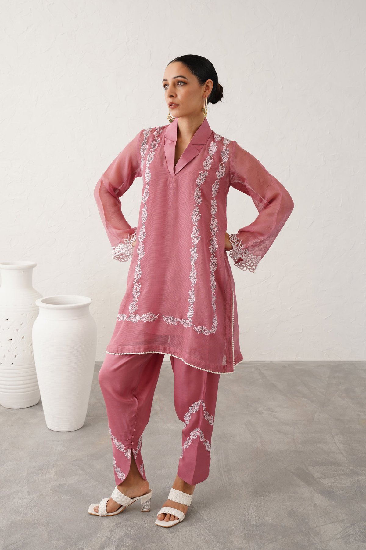 Pink Embroidered Georgette Co-ord Set with Inner