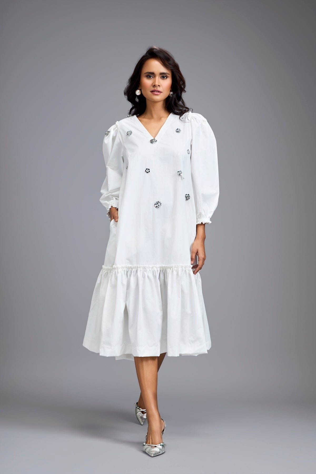 Long Gathered Hem Embellished Dress